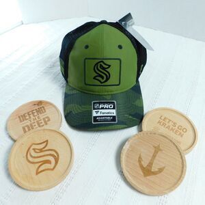 NEW NHL Seattle Kraken Hat & Coaster Lot Fanatics Military Camo Green Snapback